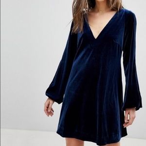 Free People Misha Blue Velvet Tie Back VNeck Dress